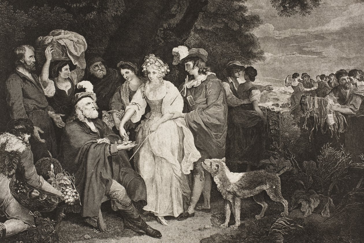 Ennen paimenmökkiä, näytös IV, kohtaus III, "Talven tarinasta", The Boydell Shakespeare Gallerysta, julkaistu 1800-luvun lopulla tekijältä Francis Wheatley