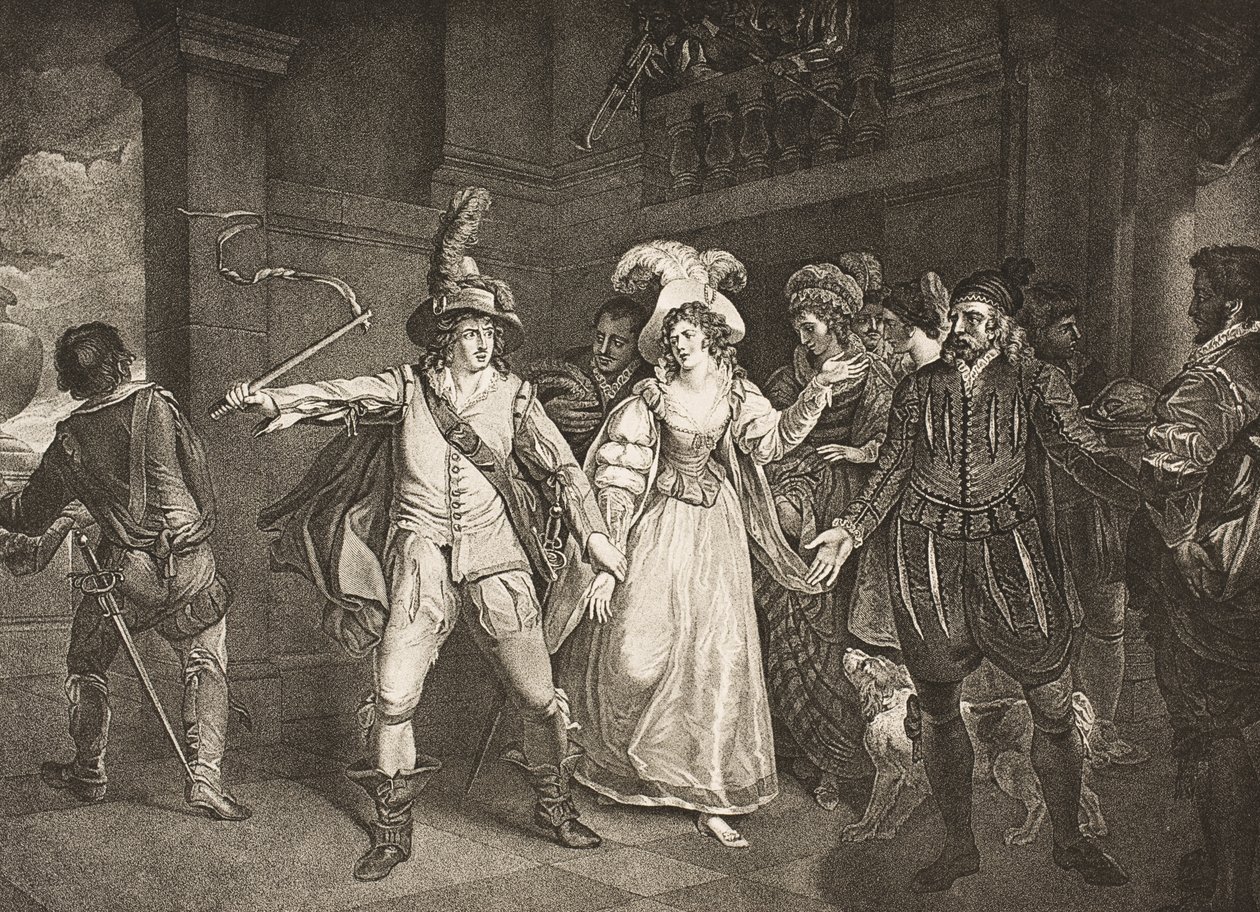 Padova, ennen Baptistan taloa, III näytös, kohtaus II, The Taming of the Shrew, Boydell Shakespeare Gallerysta, julkaistu 1800-luvun lopulla tekijältä Francis Wheatley