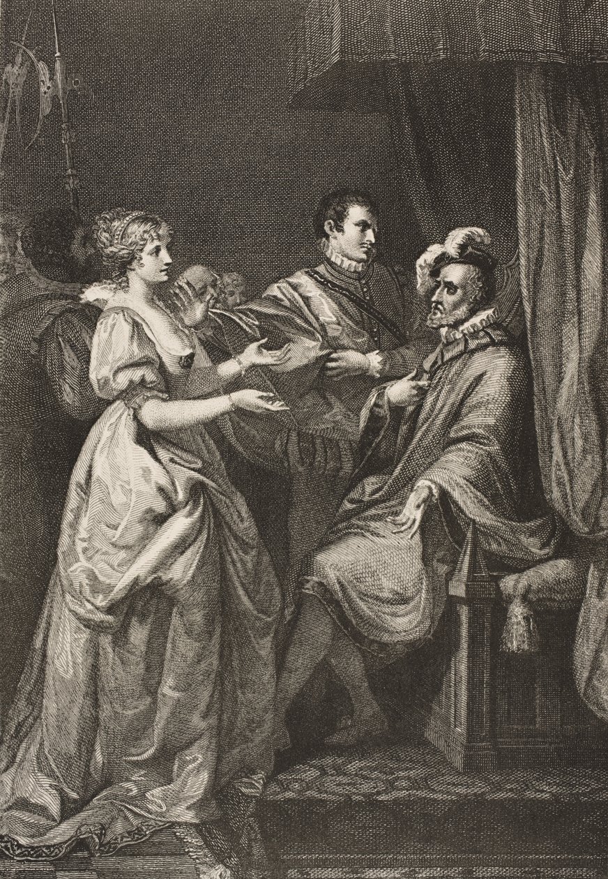 Pariisi, Kuninkaan palatsi, II näytös, III kohtaus, "Kaikki hyvin, mikä päättyy hyvin", Boydell Shakespeare Gallerysta, julkaistu 1800-luvun lopulla tekijältä Francis Wheatley