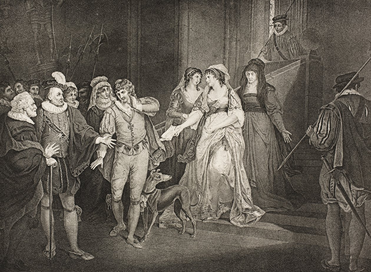Roussillon, Kreivin palatsi, V näytös, kohtaus III, "Kaikki hyvin, mikä päättyy hyvin", Boydell Shakespeare Gallerysta, julkaistu 1800-luvun lopulla tekijältä Francis Wheatley