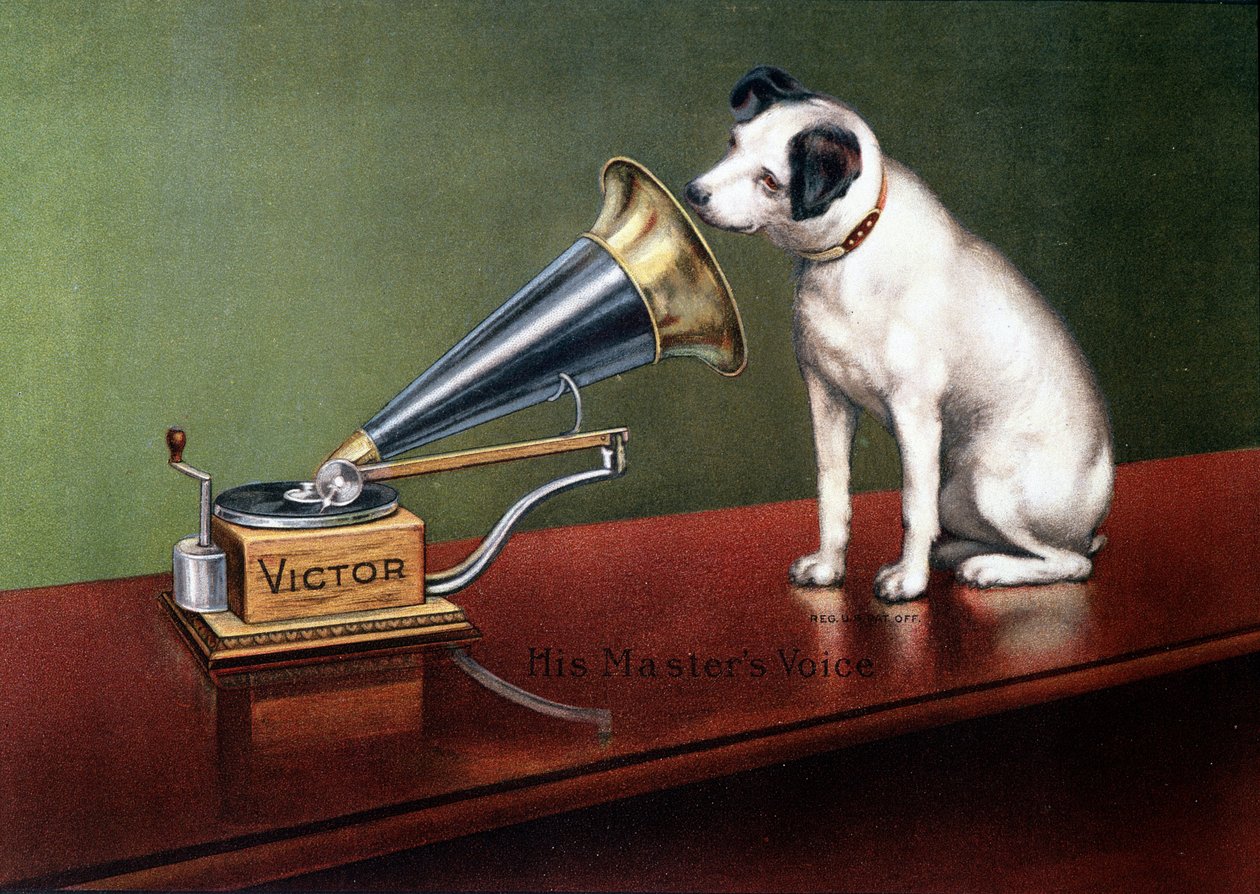 Mainonta "La Voix de son Maître" - "Teatterissa". tekijältä Francis (after) Barraud