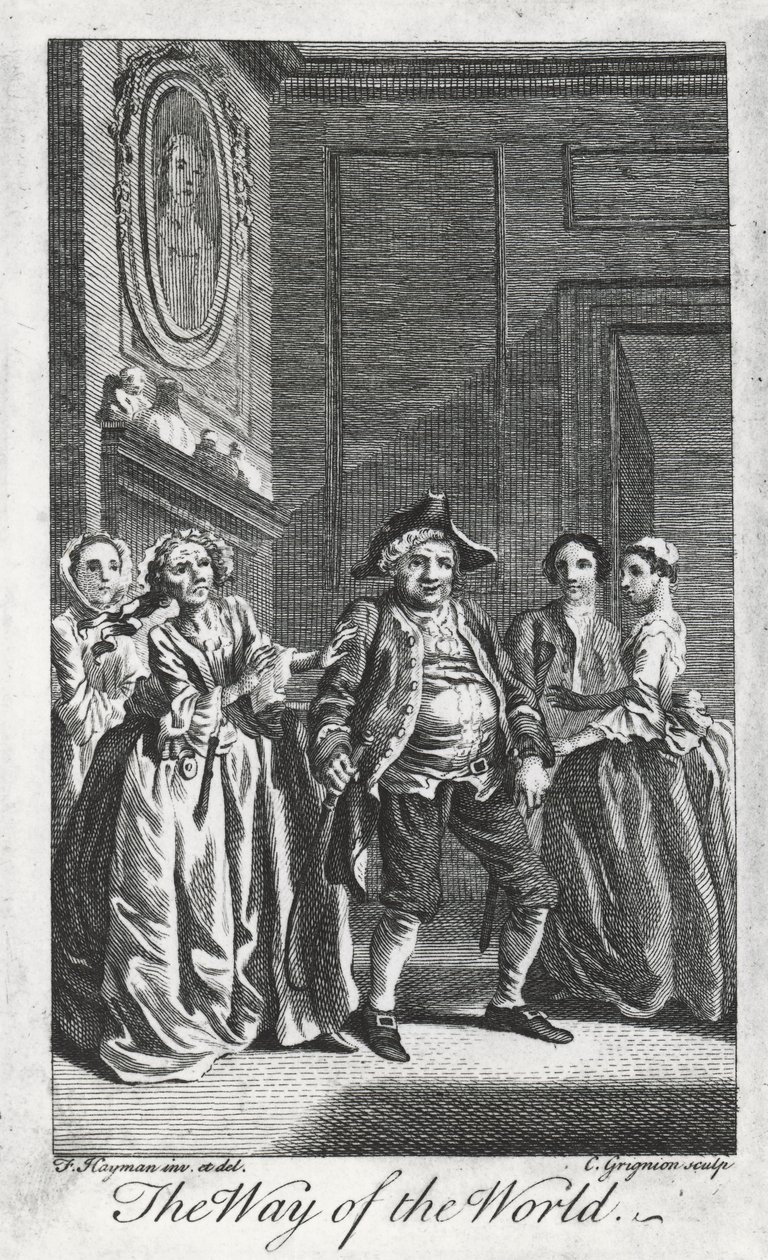 Kohtaus The Way of the World, kirjoittanut William Congreve (1670-1729), kaiverrus Charles Grignon Francis Haymanin piirroksesta Lincoln