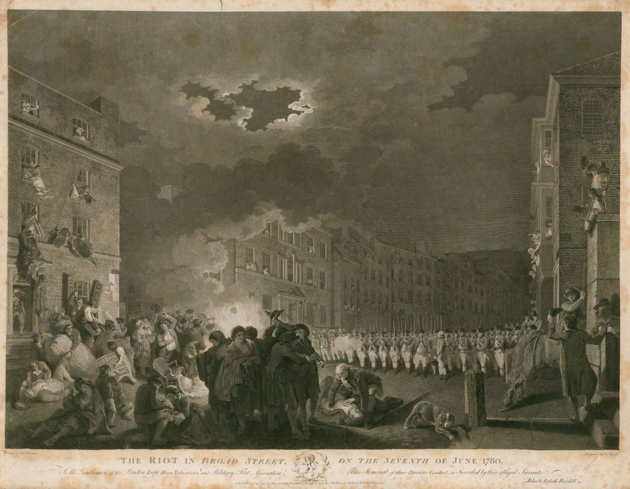 Broad Streetin mellakka Lontoossa 7. kesäkuuta 1780 (kaiverrus). tekijältä Francis (after) Wheatley