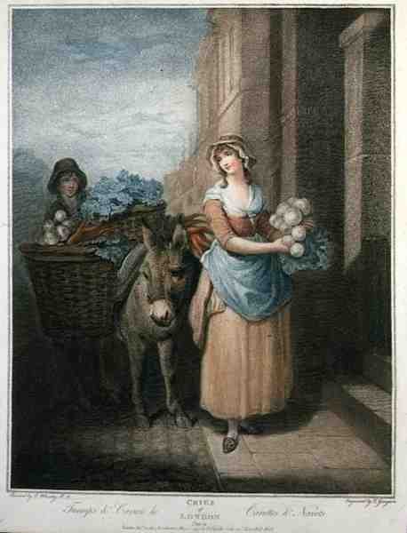 "Turnips and Carrots Ho", "The Cries of London" -julkaisun levy 13, kaiverrus Thomas Gaugain (1748-1812), pub. kirjoittanut Colnaghi & Co. tekijältä Francis (after) Wheatley