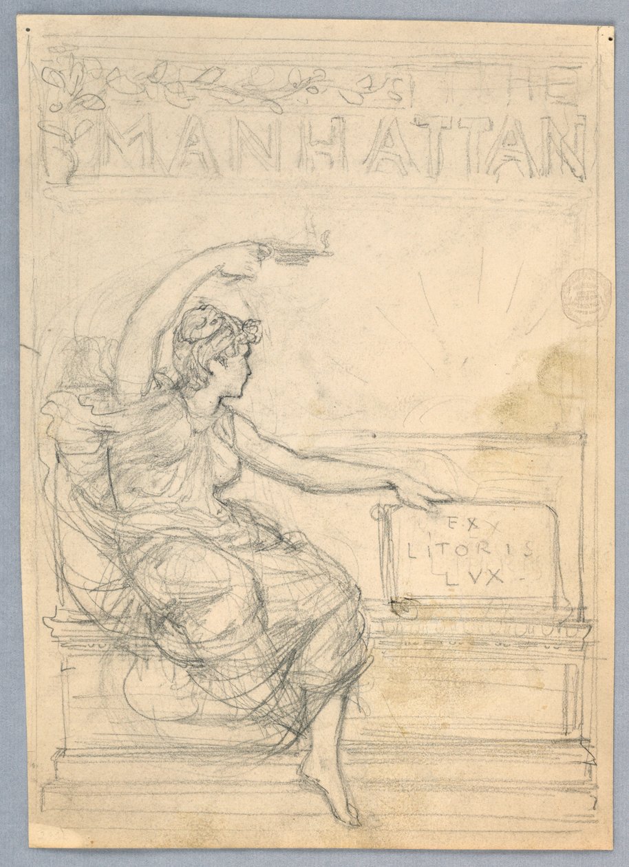 Suunnittelu Manhattan Illustrated Monthly Magazine -lehden kanteen tekijältä Francis Augustus Lathrop