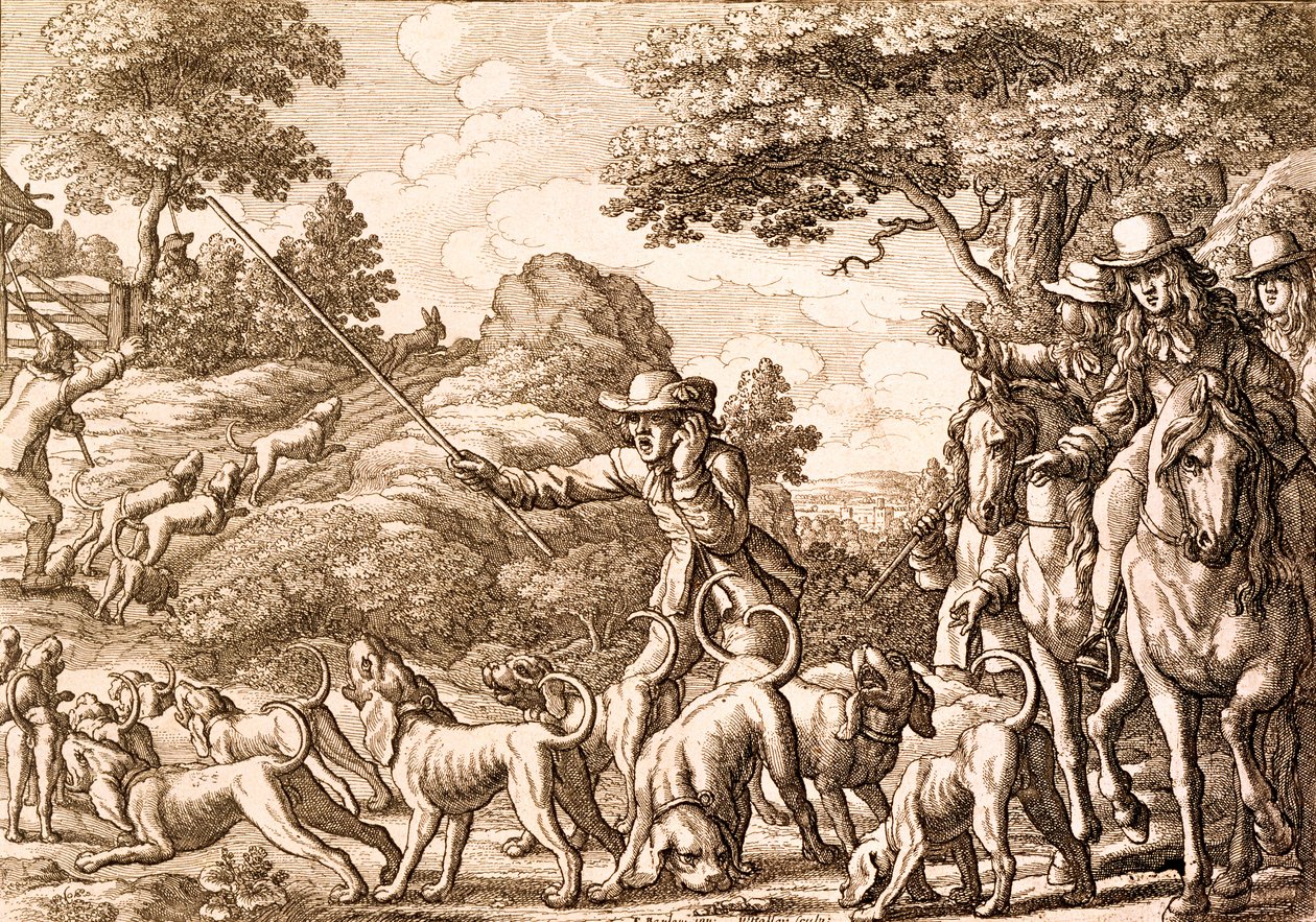 Jäniksen metsästys, kaiverrus Wenceslaus Hollar, 1671 tekijältä Francis Barlow