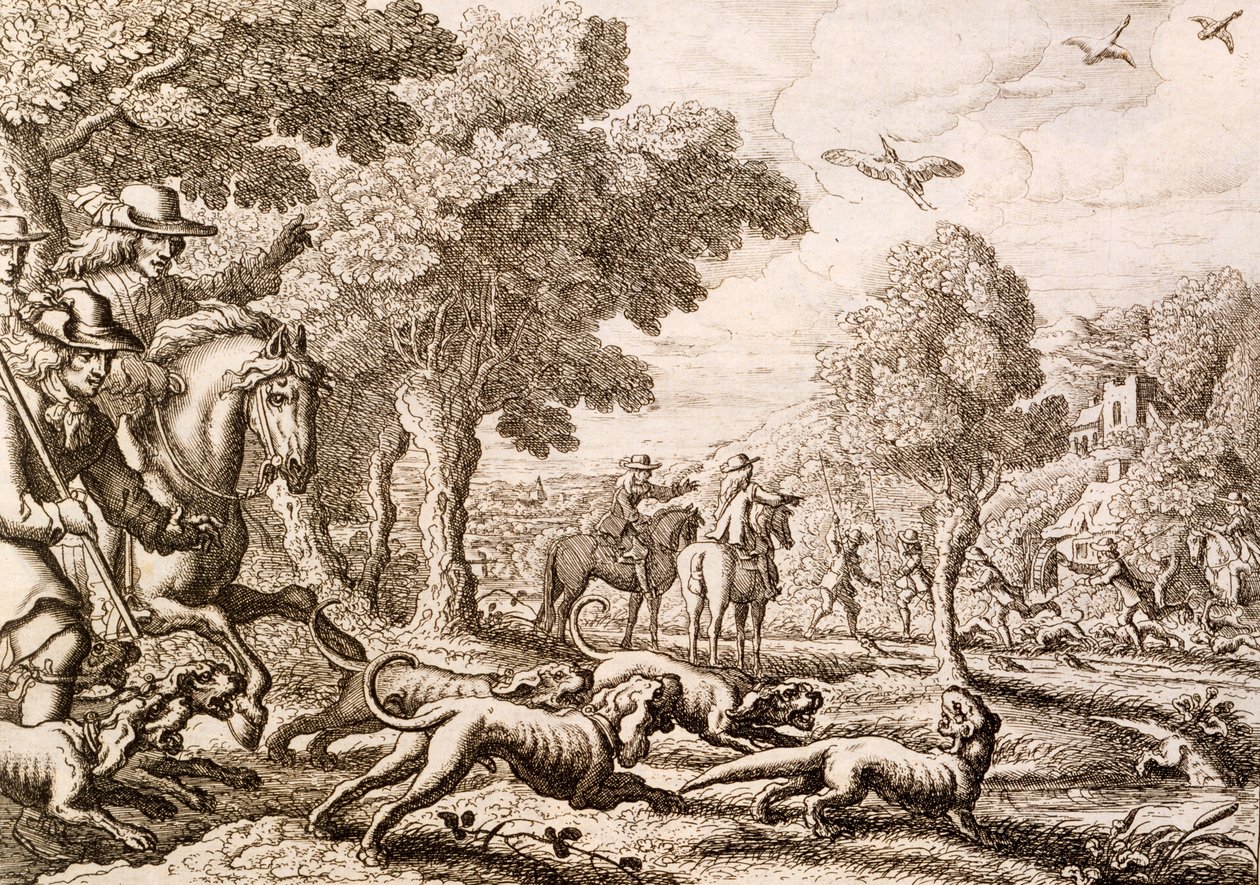 Saukkon metsästys joen rannalla, kaiverrus Wenceslaus Hollar, 1671 tekijältä Francis Barlow