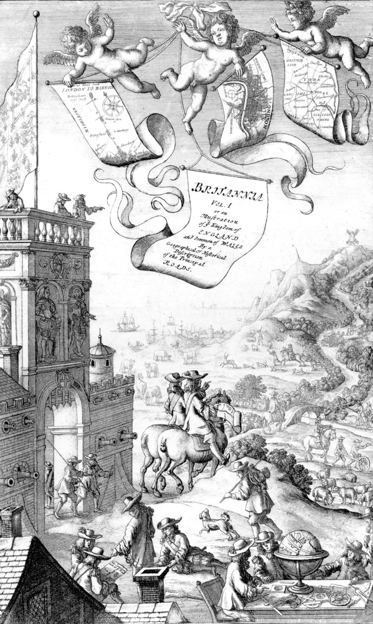 Nimisivu John Ogilbyn teokseen "Britannia", kaiverrettu Wenceslaus Hollar, 1675 tekijältä Francis Barlow