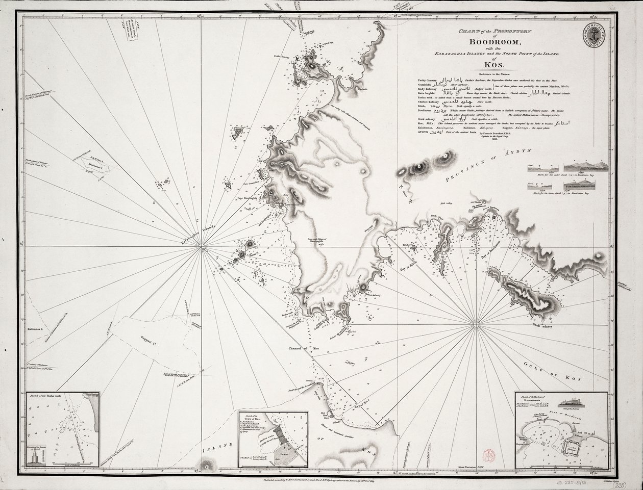Kartta Boodroomin niemekkeestä Karabaghla-saarineen ja Kosin saaren pohjoiskärjestä ... kirjoittanut Francis Beaufort F.R.S. ... 1811 tekijältä Francis Beaufort