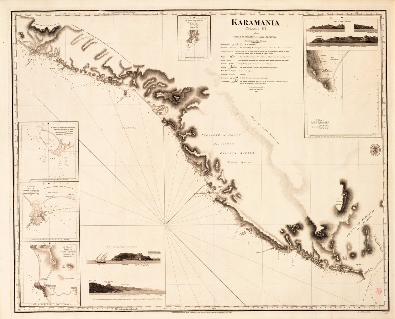 Karamanian kartta III Cape Karaboornoosta Cape Anamouriin. tekijältä Francis Beaufort