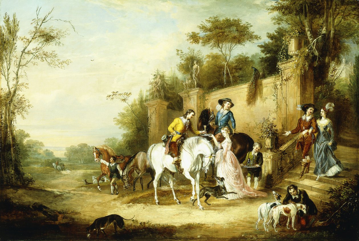 Hawking-juhla lähtemässä maalaistalon portailta, 1828 tekijältä Francis Calcraft Turner