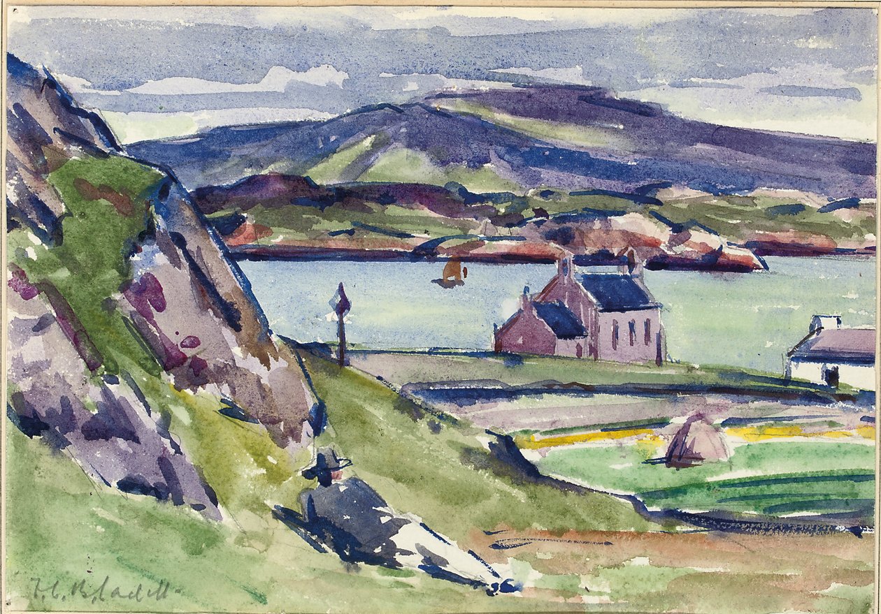 Figuuri ja Kirk, Iona (kynä ja w/c paperilla) tekijältä Francis Campbell Boileau Cadell