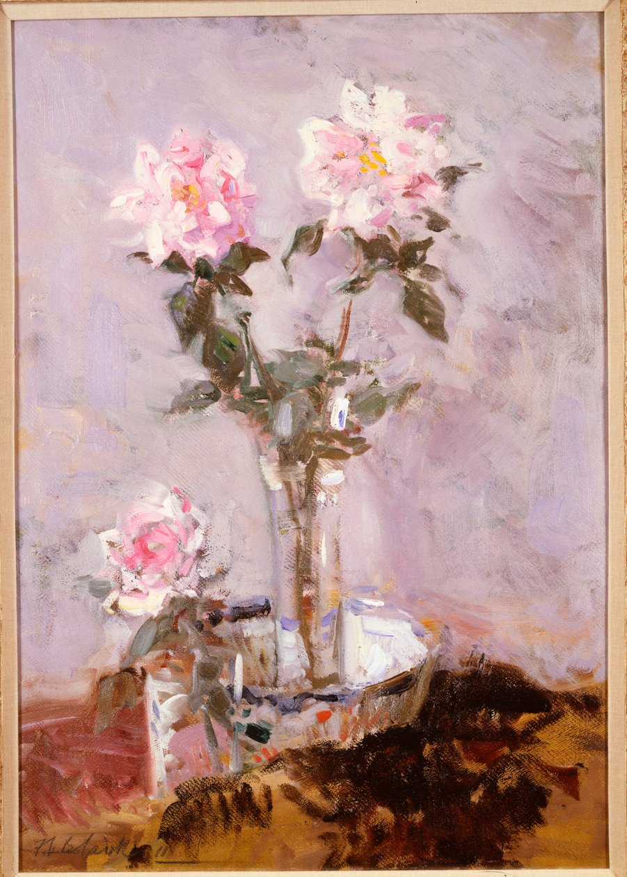 Vaaleanpunaisia ruusuja lasimaljakossa tekijältä Francis Campbell Boileau Cadell