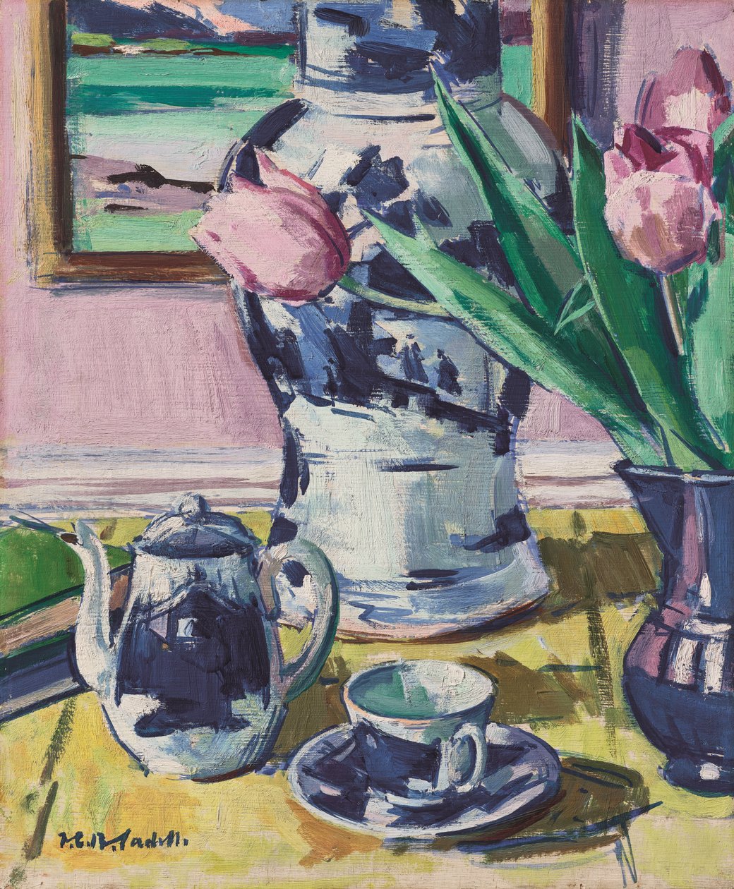 Asetelma tulppaanien ja Ionan kanssa tekijältä Francis Campbell Boileau Cadell