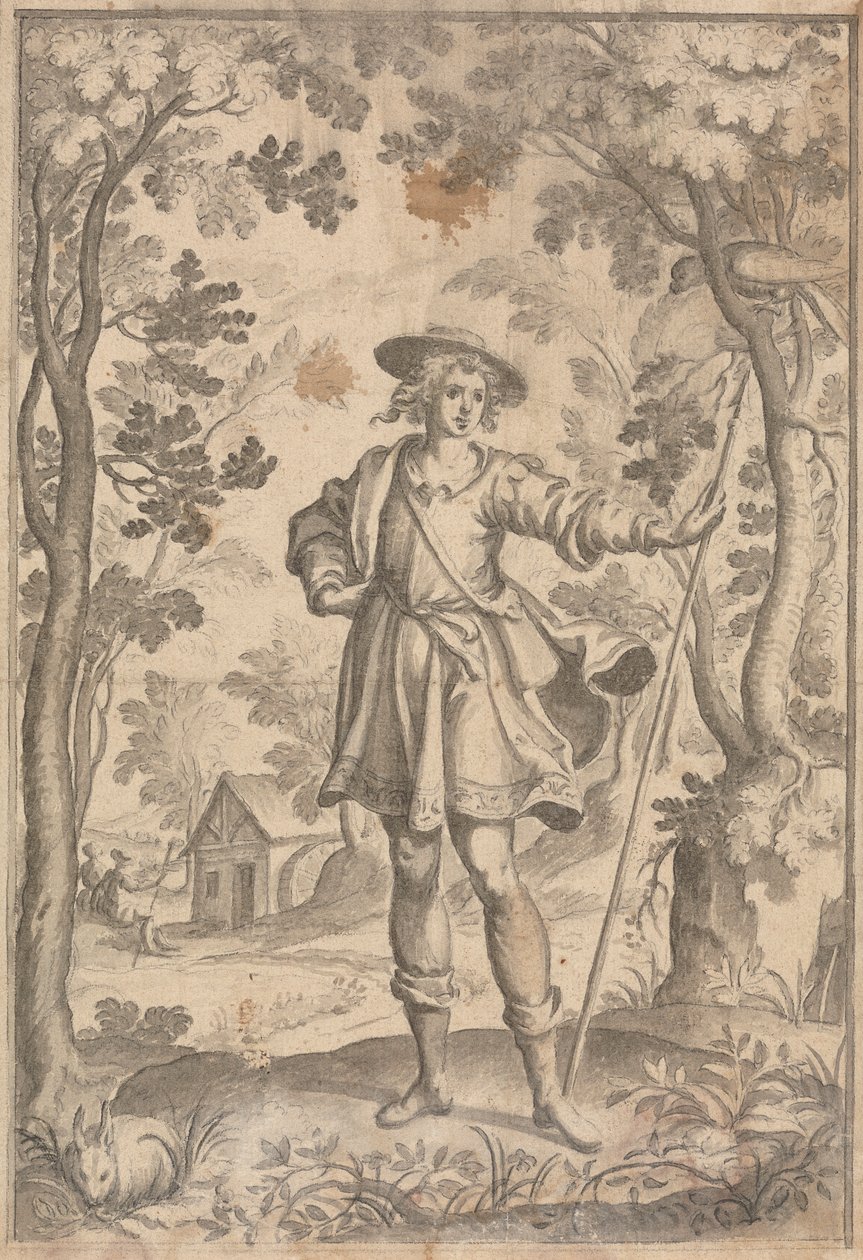 Metsästäjä pitelee keihästä metsässä tekijältä Francis Cleyn