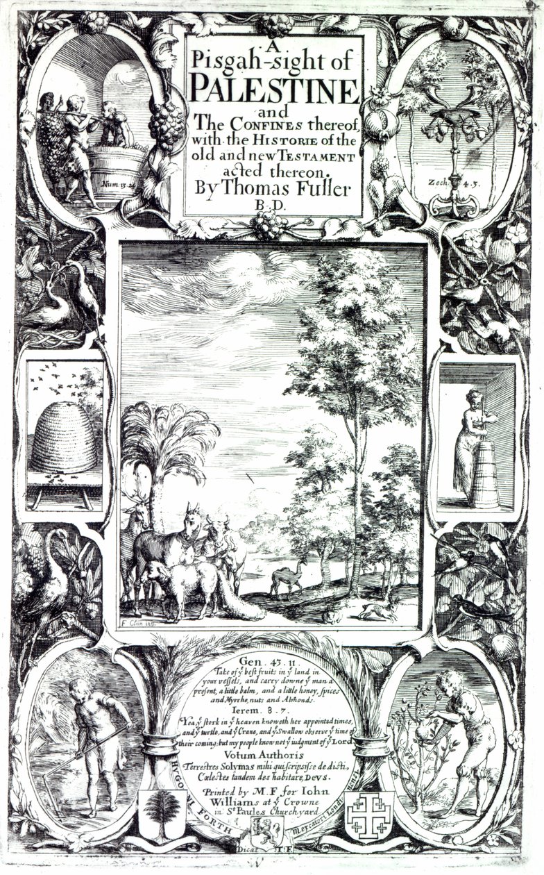 Nimisivu Thomas Fullerin vuonna 1650 julkaistuun teokseen "Pisgah-sight of Palestine" tekijältä Francis Cleyn