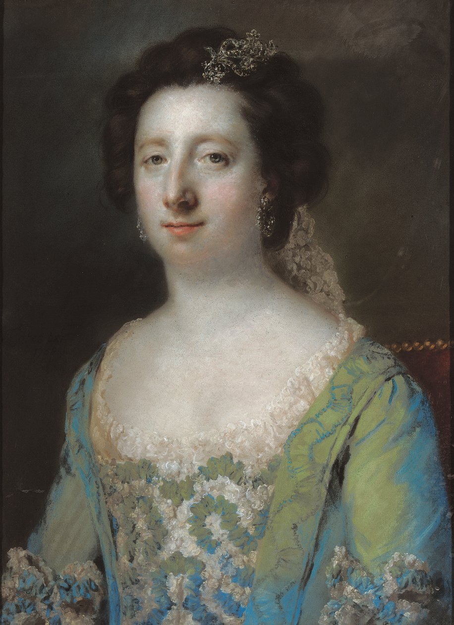 Muotokuva kunnia. Rouva Bridget Gunning, puolipitkä, sinisessä röyhelöpukussa, 1758 tekijältä Francis Cotes