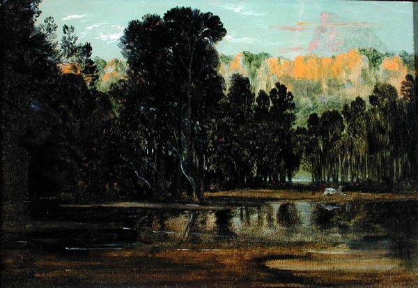 Metsäinen maisema auringonlaskun aikaan (öljy paperille ja kankaalle kiinnitettynä) tekijältä Francis Danby