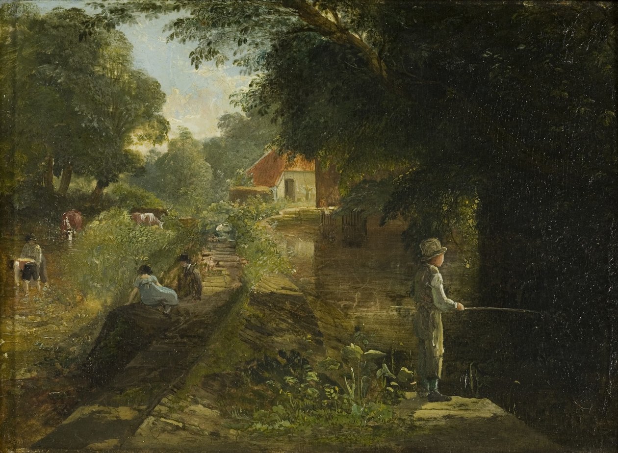 Boy Fishing, Stapleton, c. 1822-23 (öljy kortille asetettu paneeliin) tekijältä Francis Danby