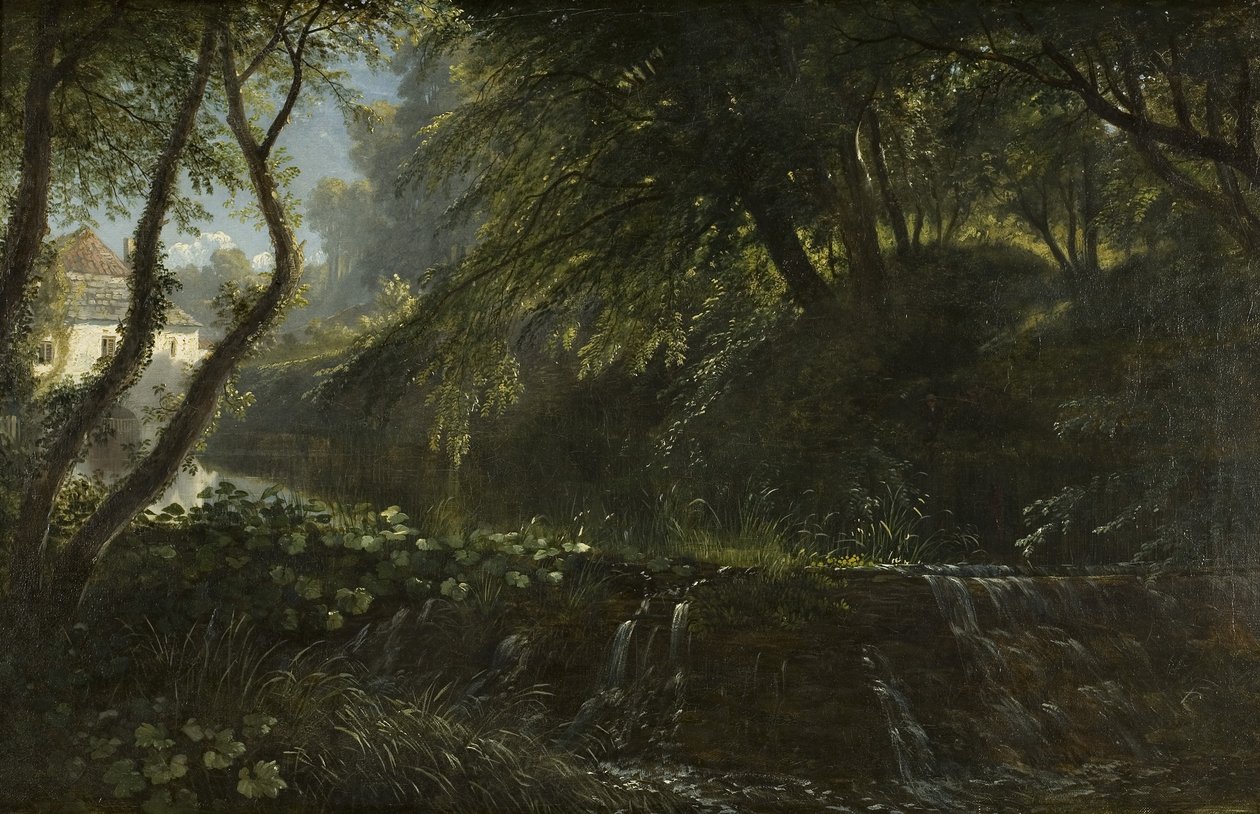Jokikohtaus padon ja myllyn kanssa, n. 1823 tekijältä Francis Danby