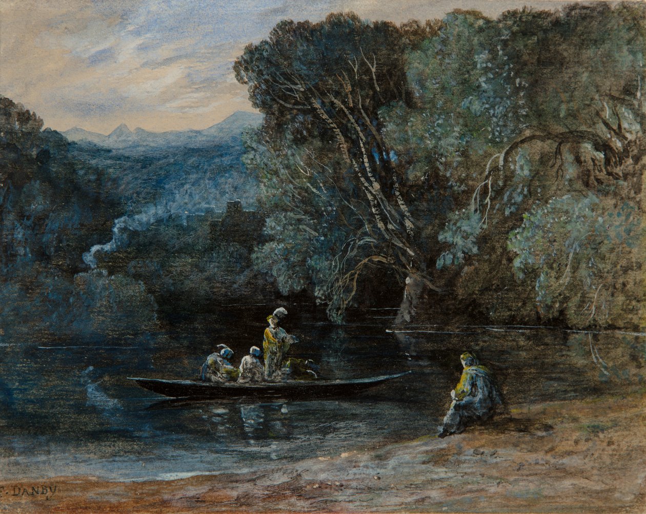 Jokikohtaus veneellä ja hahmoilla, n. 1825 tekijältä Francis Danby