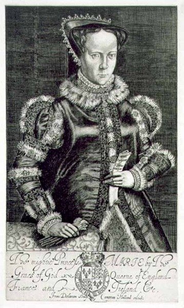 Muotokuva Maria I:stä (1516-58) pitelee Thomas Hongarin rukousta, taiteilijan kaivertama, pub. kirjoittanut Compton Holland (kaiverrus) tekijältä Francis Delaram