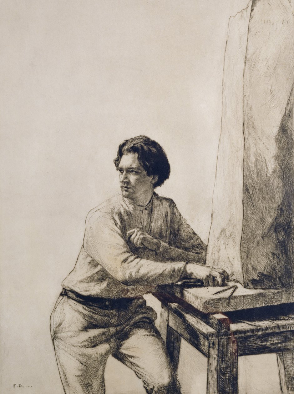 Jacob Epsteinin (1880-1959) muotokuva 1909 (kuivapisteetsaus tummanruskealla musteella) tekijältä Francis Dodd