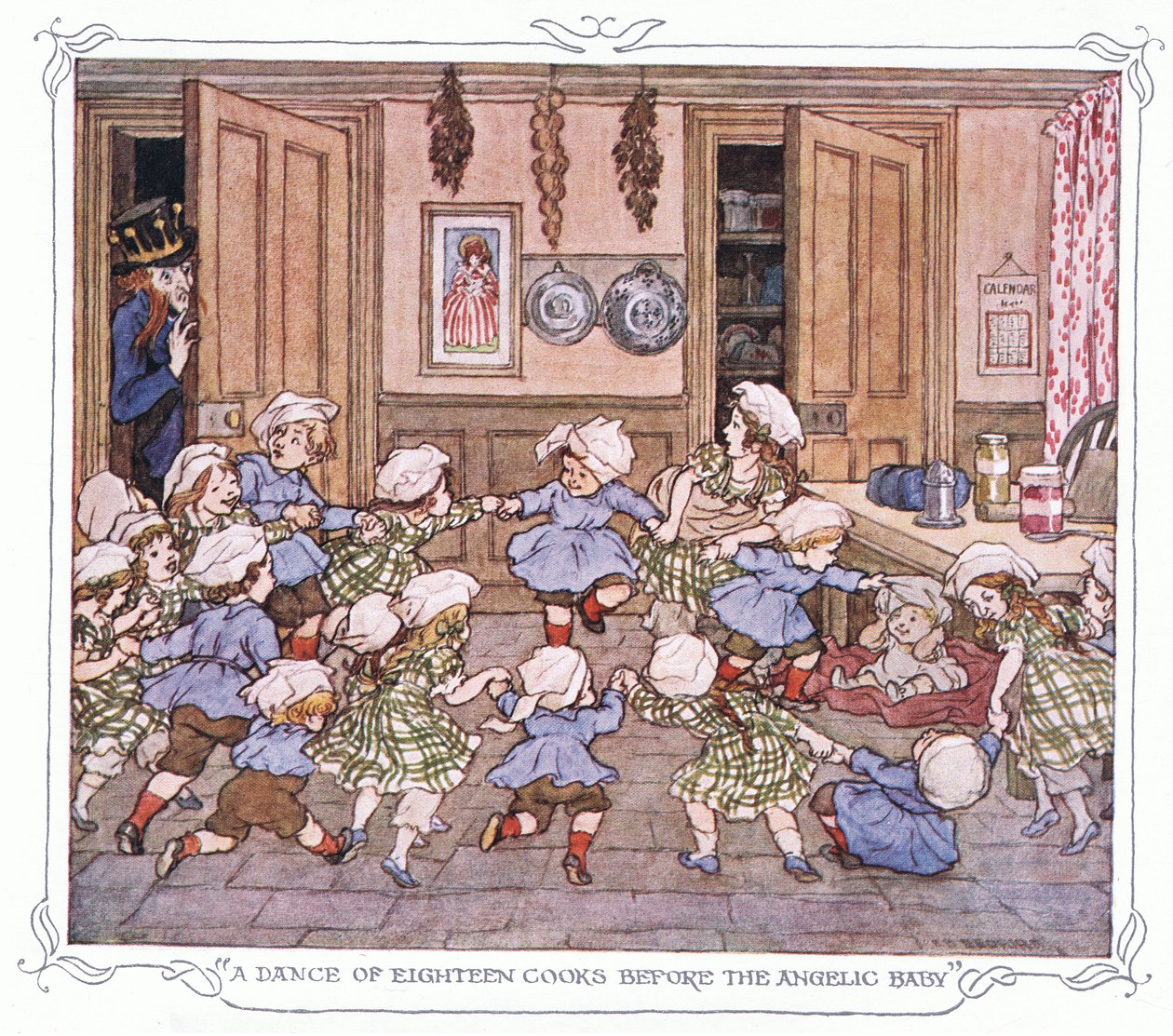 "Kahdeksantoista kokin tanssi enkelivauvan edessä", teoksesta The Magic Fishbone pub.by Warne  Co, n.1940 (värilitro). tekijältä Francis Donkin Bedford