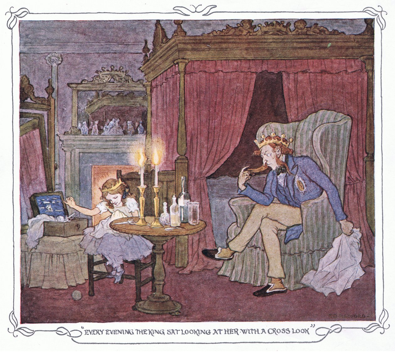 Kuningas istui joka ilta katsoen häntä ristiin, Warne  Co:n julkaisemasta The Magic Fishbone pub.by Warne  Co, n.1940 (värilitografia). tekijältä Francis Donkin Bedford
