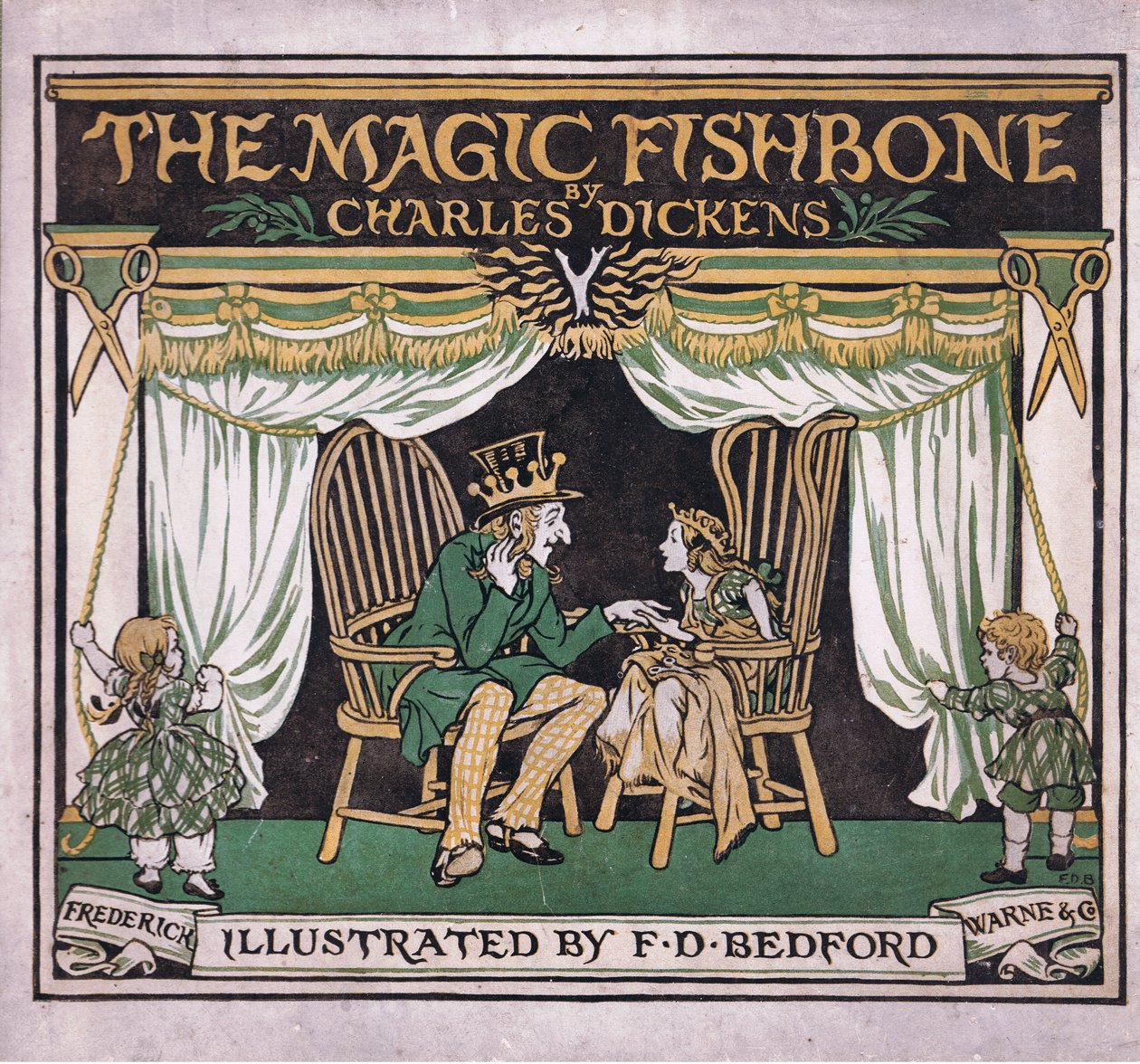 Etukannen ulkoasu, The Magic Fishbone -kirjasta, kustantaja Warne  Co, n. 1940 (värilitografia). tekijältä Francis Donkin Bedford