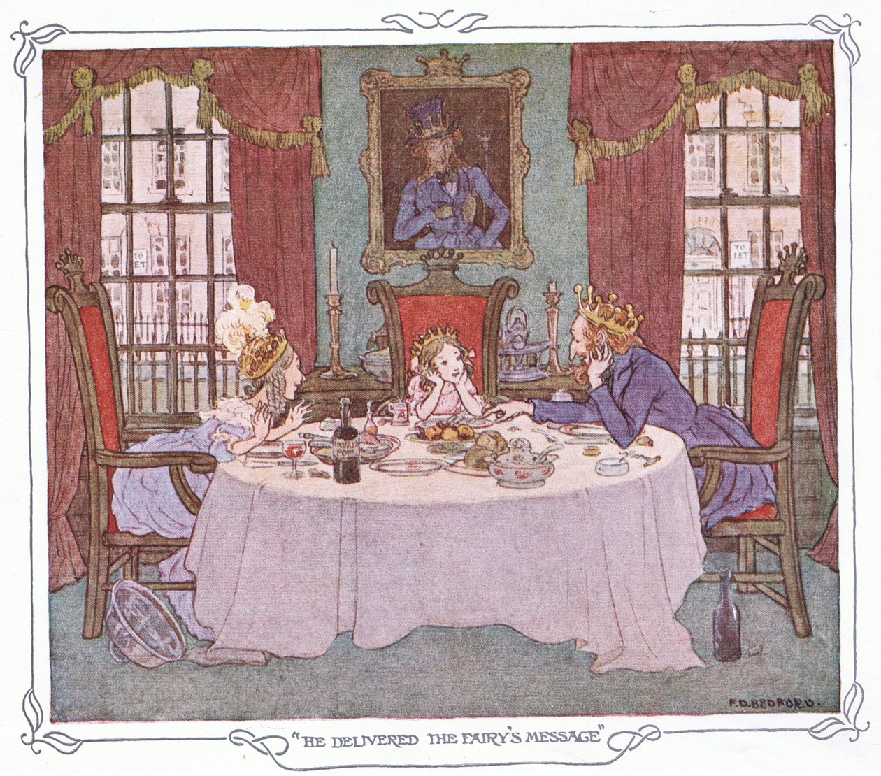 Hän välitti keijun viestin, The Magic Fishbone -kirjasta, Warne  Co, n. 1940 (värilitografia). tekijältä Francis Donkin Bedford