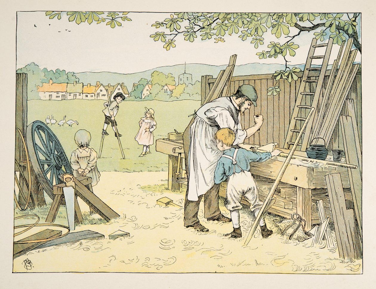 Puuseppä, kirjasta Four and Twenty Toilers, pub. 1900 (värilitra) tekijältä Francis Donkin Bedford