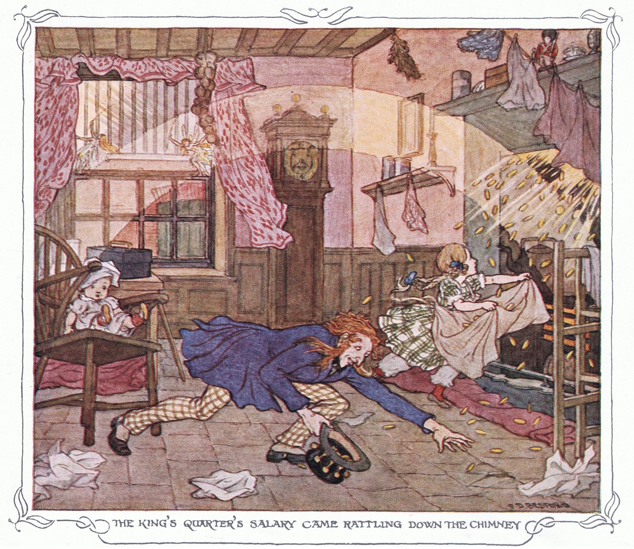 Kuninkaan palkka tuli savupiipusta alas, Warne  Co:n julkaisemasta The Magic Fishbone -lehdestä, n. 1940 (värilitografia). tekijältä Francis Donkin Bedford