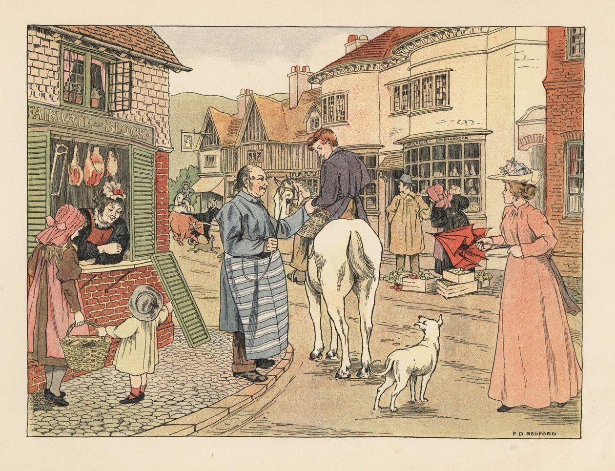 Viktoriaaninen teurastaja ja teurastajanpoika hevosen selässä kyläkadulla. Kromolitografia Francis Donkin Bedfordin kuvituksen mukaan Edward Verrall Lucasin teoksesta The Book of Shops. tekijältä Francis Donkin Bedford