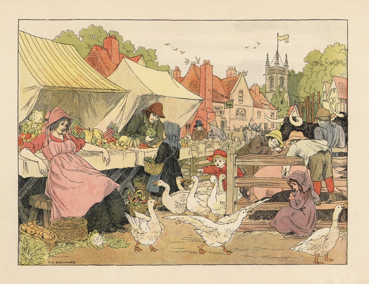 Viktoriaaniset lapset ostamassa vihanneksia, jahtaamassa hanhia ja tökkimässä sikoja kylän markkinoilla. Kromolitografia Francis Donkin Bedfordin kuvituksen mukaan Edward Verrall Lucasin teoksesta The Book of Shops. tekijältä Francis Donkin Bedford