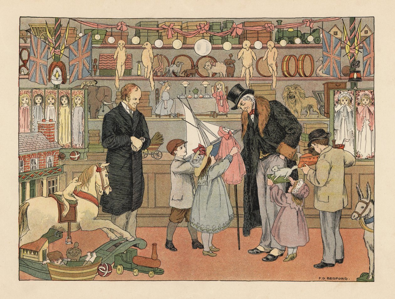 Viktoriaaniset lapset valitsevat leluja setänsä kanssa lelukaupassa. Kromolitografia Francis Donkin Bedfordin kuvituksen mukaan Edward Verrall Lucasin teoksesta The Book of Shops. tekijältä Francis Donkin Bedford