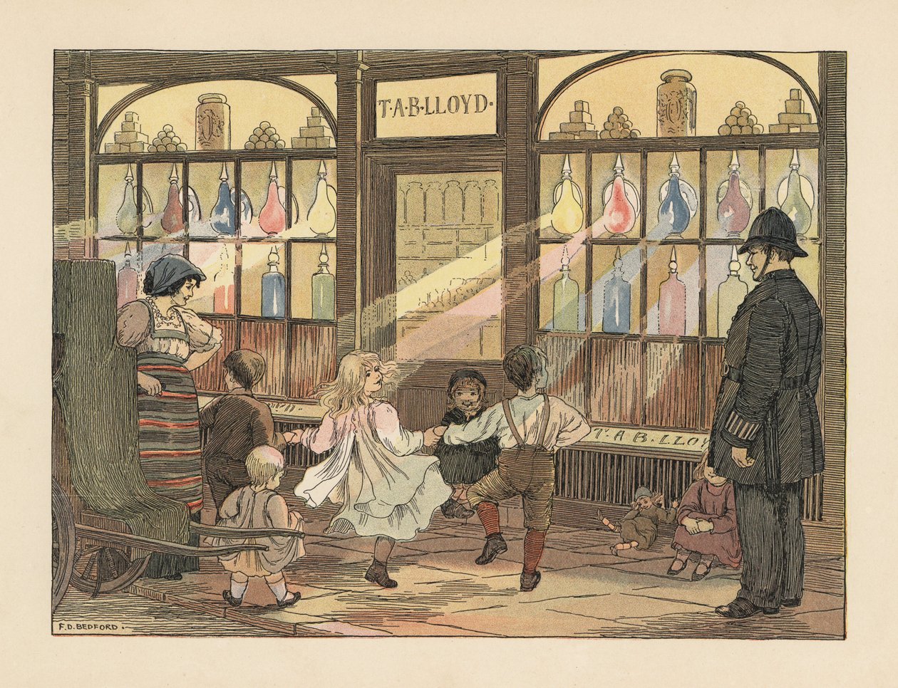 Viktoriaaniset lapset tanssivat apteekin edessä poliisin katsellessa. Kromolitografia Francis Donkin Bedfordin kuvituksen mukaan Edward Verrall Lucasin teoksesta The Book of Shops. tekijältä Francis Donkin Bedford