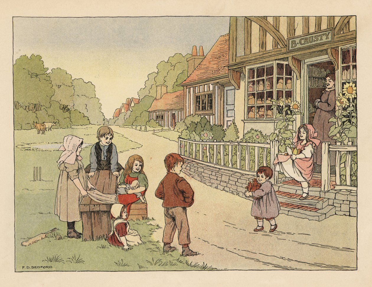 Viktoriaaniset lapset kylän leipomon ulkopuolella B. Crusty. Kromolitografia Francis Donkin Bedfordin kuvituksen mukaan Edward Verrall Lucasin teoksesta The Book of Shops. tekijältä Francis Donkin Bedford