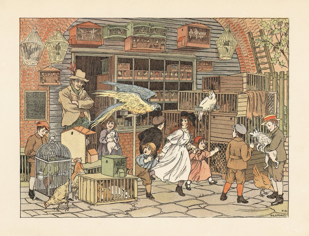 Viktoriaaniset lapset leikkivät papukaijoilla ja kakaduilla lintuharrastajan kaupassa tai lemmikkieläinkaupassa. Kromolitografia Francis Donkin Bedfordin kuvituksen mukaan Edward Verrall Lucasin teoksesta The Book of Shops. tekijältä Francis Donkin Bedford