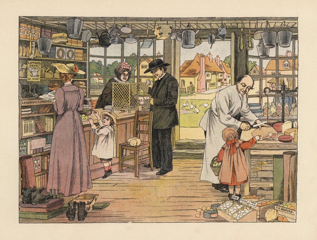 Viktoriaaniset asiakkaat ostamassa kinkkua, kirjoja ja postitilauksia kyläkaupasta. Kromolitografia Francis Donkin Bedfordin kuvituksen mukaan Edward Verrall Lucasin teoksesta The Book of Shops. tekijältä Francis Donkin Bedford