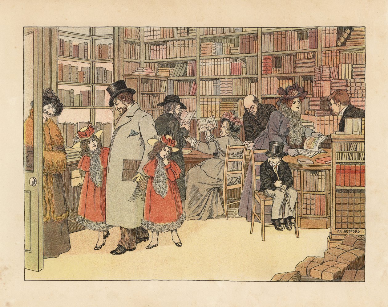 Viktoriaaniset asiakkaat kirjakaupassa. Kromolitografia Francis Dorkin Bedfordin kuvituksen mukaan Edward Verrall Lucasin teoksesta The Book of Shops, Grant Richards, Lontoo. tekijältä Francis Donkin Bedford