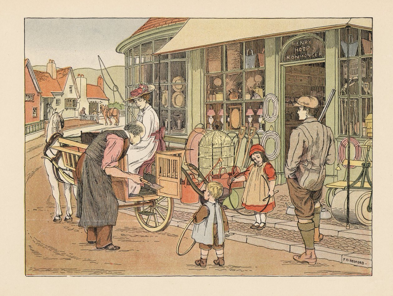 Viktoriaaninen perhe Henry Hoopin, kylän rautakauppiaan luona. Kromolitografia Francis Donkin Bedfordin kuvituksen mukaan Edward Verrall Lucasin teoksesta The Book of Shops. tekijältä Francis Donkin Bedford
