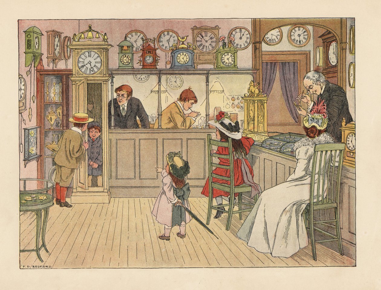 Viktoriaaninen perhe kelloseppien luona. Lapset leikkivät isoisäkellossa, kun virkailija korjaa kelloa. Kromolitografia Francis Donkin Bedfordin kuvituksen mukaan Edward Verrall Lucasin teoksesta The Book of Shops. tekijältä Francis Donkin Bedford