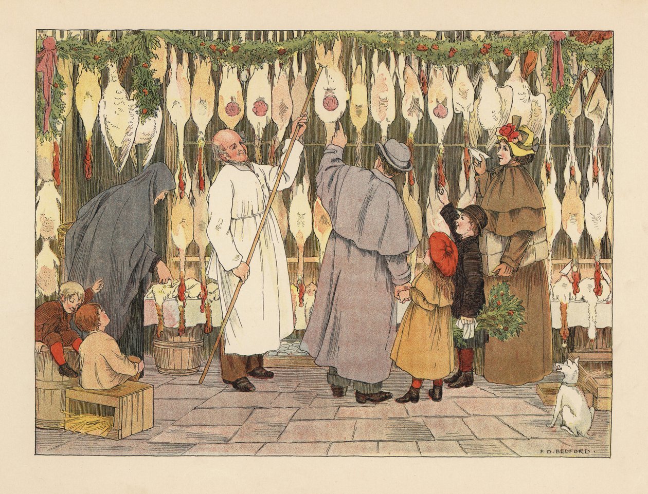 Viktoriaaninen perhe valitsemassa kalkkunaa jouluksi poulterissa. Lihakauppias haalarissa koukun kanssa irrottamassa lintua. Kromolitografia Francis Donkin Bedfordin kuvituksen mukaan Edward Verrall Lucasin teoksesta The Book of Shops. tekijältä Francis Donkin Bedford