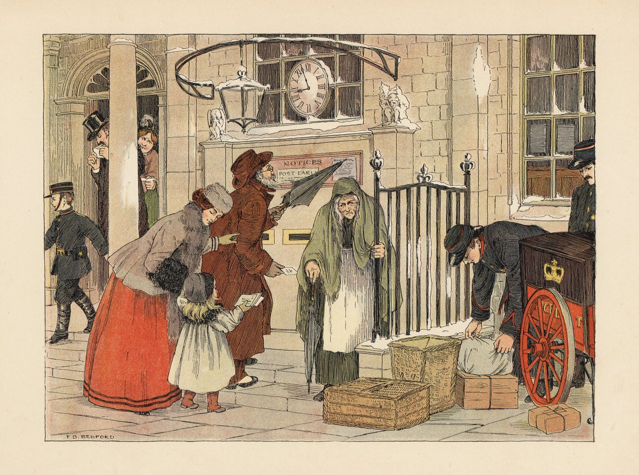Viktoriaaniset ihmiset postittavat kirjeitä joulupäivän lähellä postissa. Kromolitografia Francis Donkin Bedfordin kuvituksen mukaan Edward Verrall Lucasin teoksesta The Book of Shops. tekijältä Francis Donkin Bedford