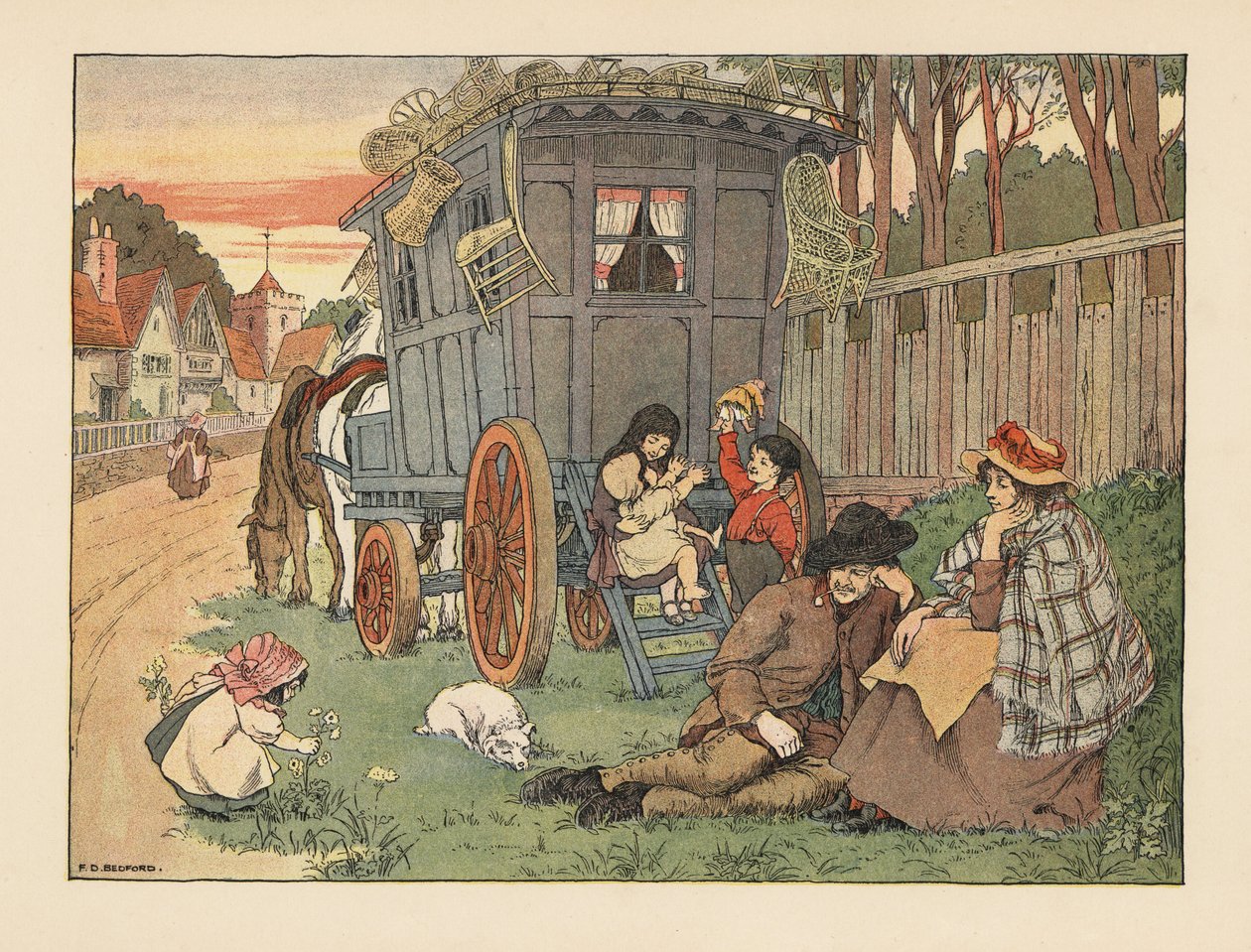 Viktoriaaniset kiertävät koripallomestarit tuotteineen asuntovaununsa katolla. Kromolitografia Francis Donkin Bedfordin kuvituksen mukaan Edward Verrall Lucasin teoksesta The Book of Shops. tekijältä Francis Donkin Bedford