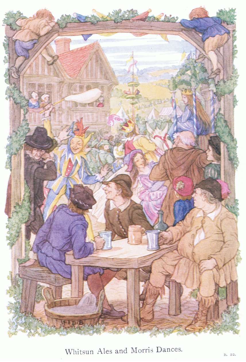 Pyhäinpäivän oluet ja Morris-tanssijat (värilitografia) tekijältä Francis Donkin Bedford