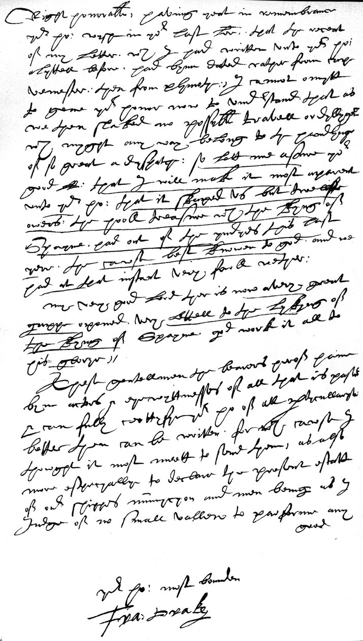 Kirje William Cecilille, Lord Burghleylle, Lord High Treasurer, kirjoitettu hänen lippulaivalleen "Elizabeth Bonaventure" Plymouthissa, 26. heinäkuuta 1586 (kynä ja muste paperille) tekijältä Francis Drake