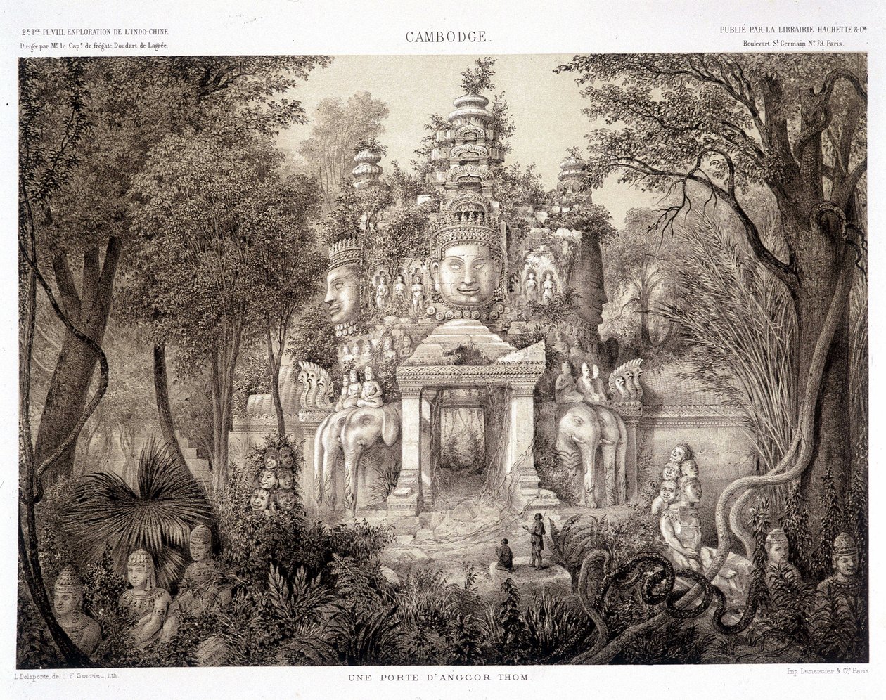Portti Angkor Thomista, n. 1870 - Francis Garnier Parisin teoksessa "Exploration Journey in Dochina 1866-1868" tekijältä Francis Garnier