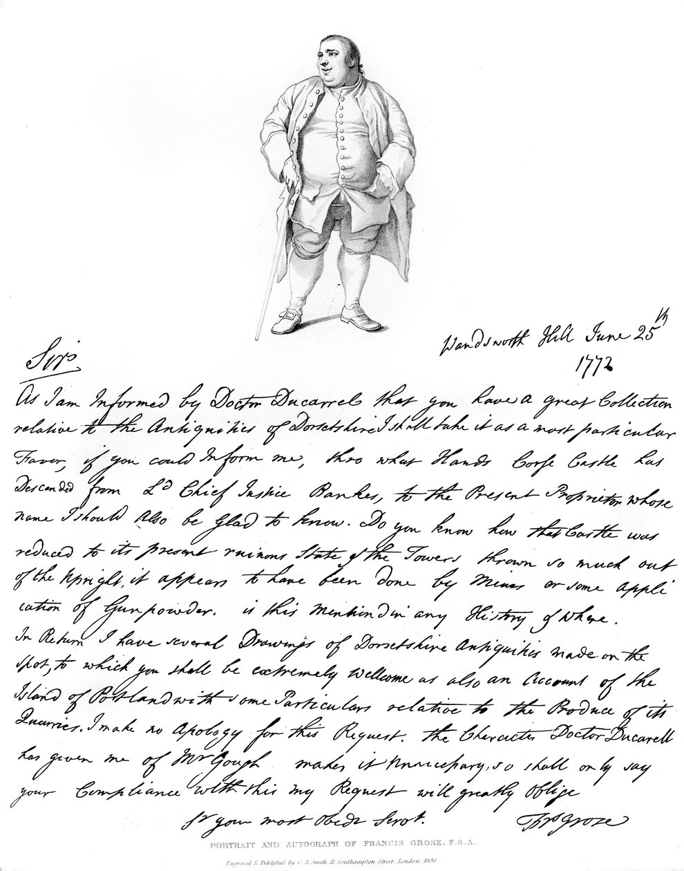 Francis Grosen kirje ja muotokuva, 1772, 1840. tekijältä Francis Grose